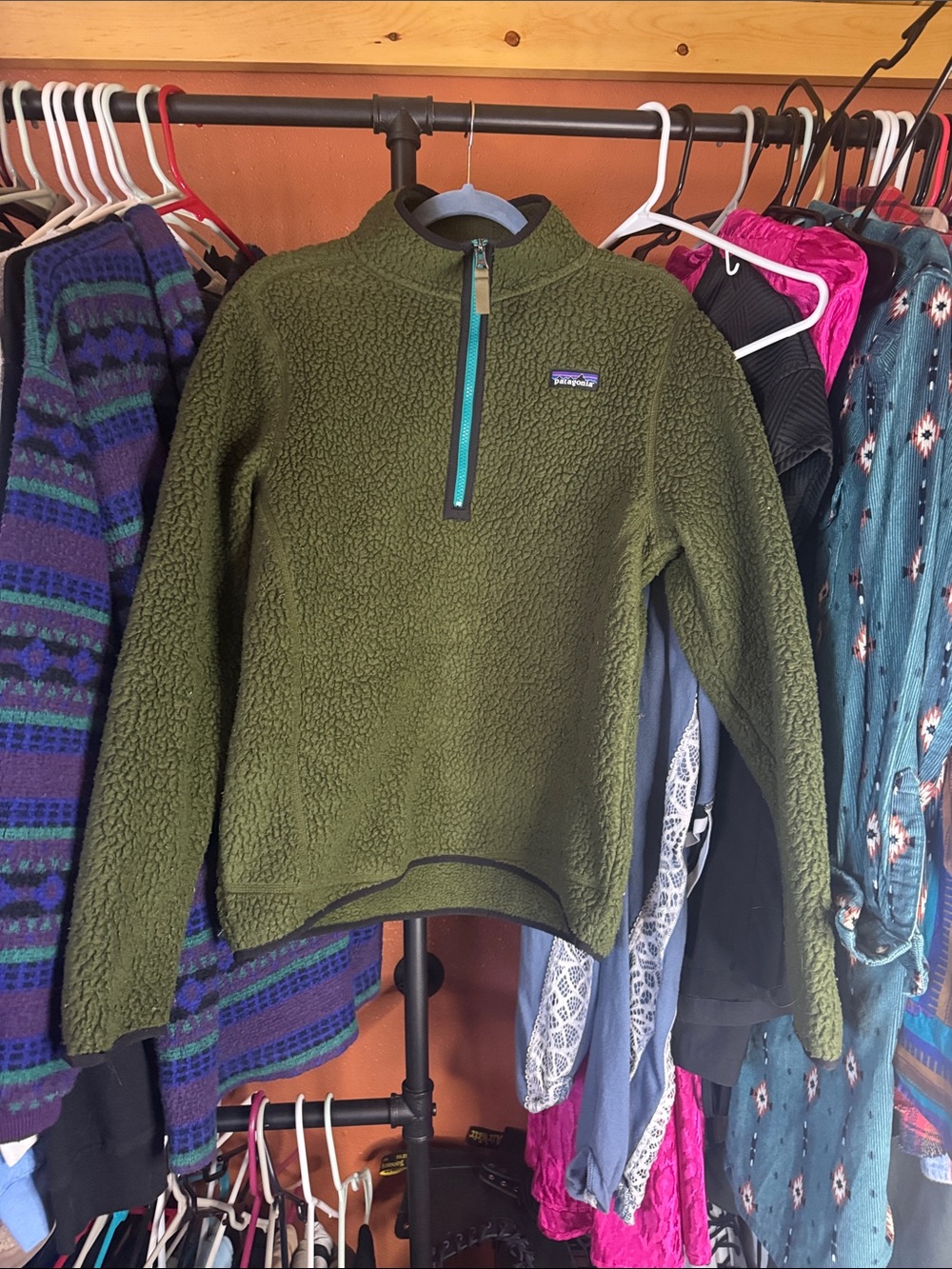 Patagonia Olive Sherpa Quarter-Zip with Teal Trim